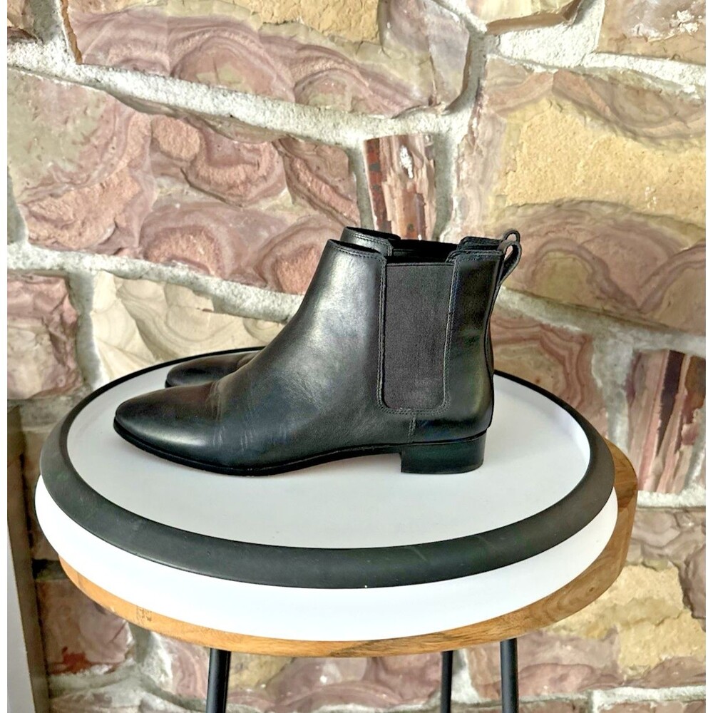 J. Crew Chelsea Ankle Boots Black Leather/Textile Almond‎ Toe Block Heel Size 7